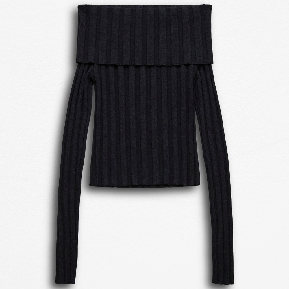 Emerson Lang Black Ribbed Off The Shoulder Sweater Long Sleeve Small